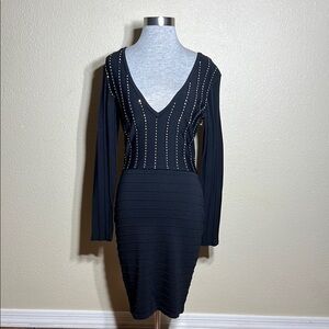 Guess Blue Long Sleeve V-Neck Bodycon Dress